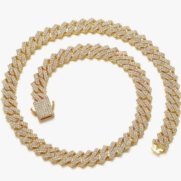 Gold Miami Cuban Link Crystal Pave Iced Rhinestone Wide Bling Chain Necklace New